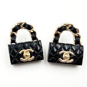 Chanel Gold CC Black Quilted Bag Piercing Earrings